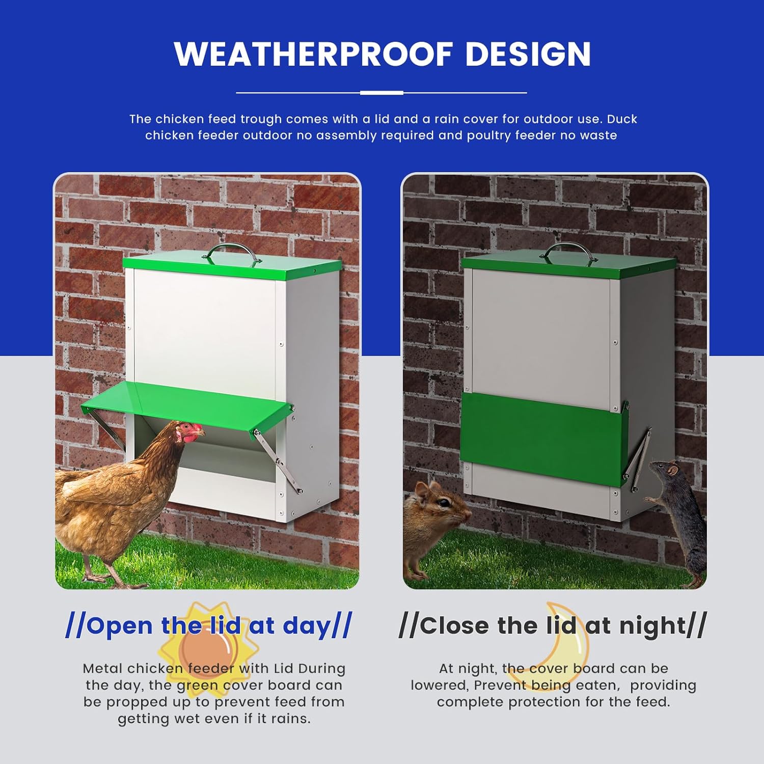 25lb Metal Automatic Chicken Feeders no Waste Poultry Feeder Large Chicken Coop Feeders with Lid Hanging Chicken Feeder Trough for Quail Chickens Ducks Feeder Outside Waterproof Chicken Feeder
