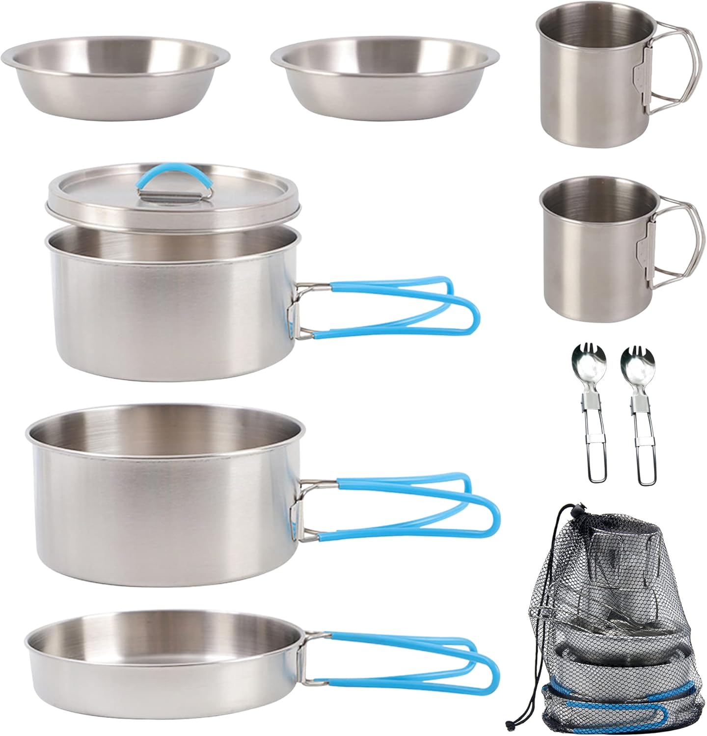 Stainless Steel 10Pcs Camping Cookware Mess Kit Cooking Set Backpacking Gear Lightweight Pots and Pans Set with Folding Knife Fork for Outdoor Camping Hiking Picnic