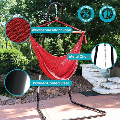 Sunnydaze Caribbean-Style Hanging Rope Hammock Chair Swing with Adjustable Stand - 300-Pound Capacity - Mocha