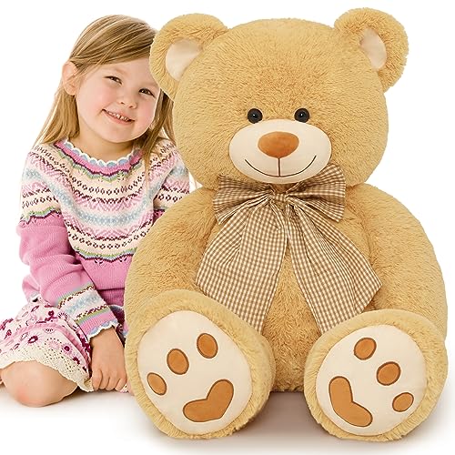 MorisMos Giant Big Teddy Bear 4 Feet 47 inch Life Size Tan Plush Bear with Big Bow and Embroidered Paws, Soft and Cute Teddy Bear Toy Gift Suitable for Girlfriend Mother's Day Baby Shower,Brown