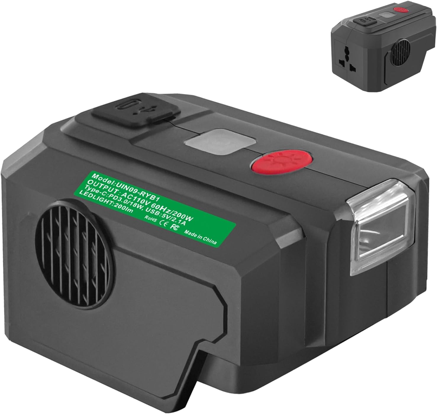 Power Inverter for Ryobi 40V Battery 200W DC 18V to AC 110V, Power Supply Inverter with USB Port & Type C PD3.0 Output Port & LED Lighting (Inverter only)