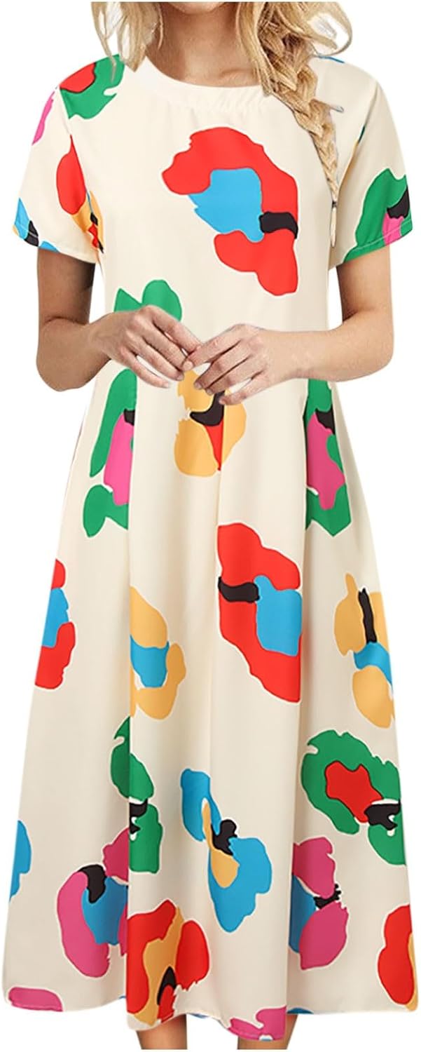 Hawaiian Dresses for Women Floral Print A Line Dresses Loose Swing Dress Crewneck Short Sleeve Summer Outfits