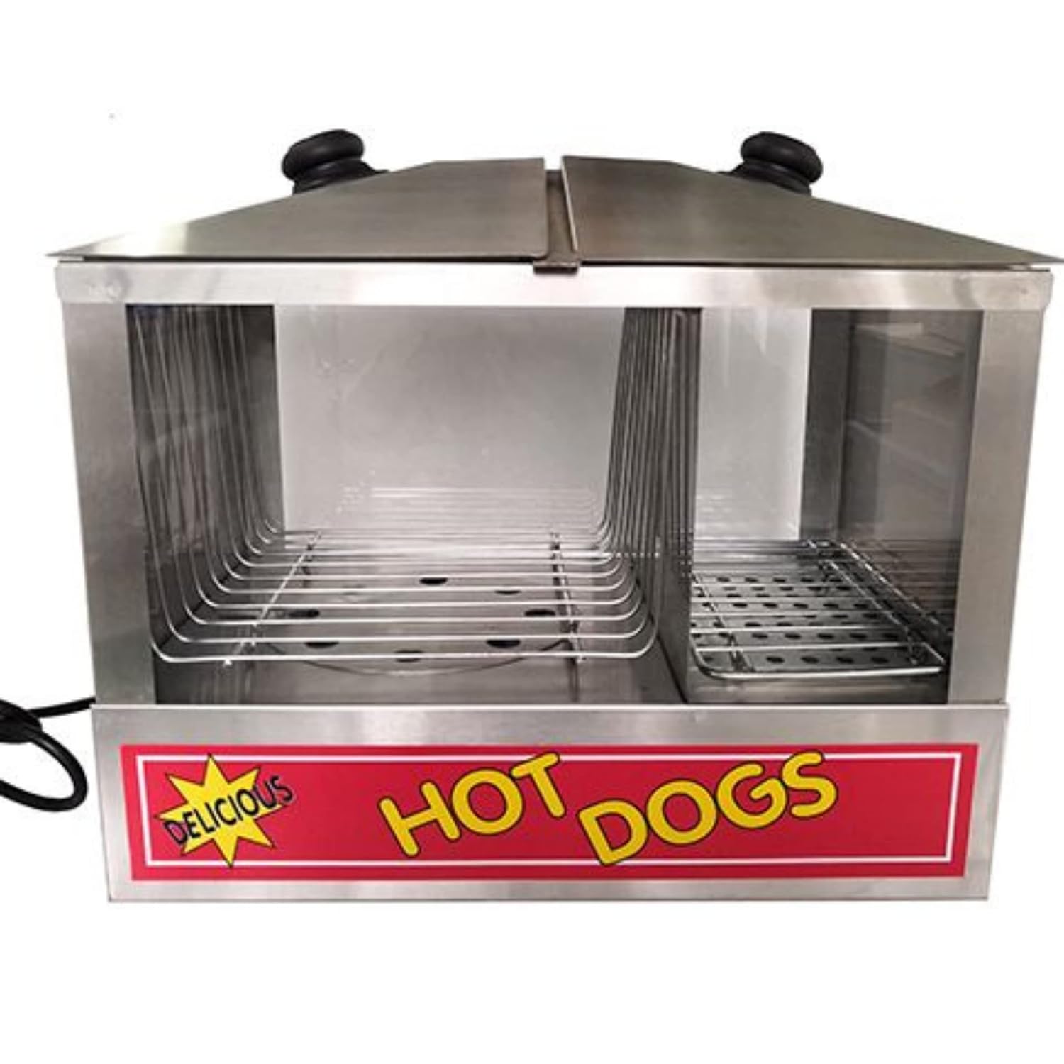 FSE HDS-1300W/100 Hot Dog Steamer and Bun Warmer with 100 Hot Dogs and 48 Buns Capacity, Top Loading, 18”W x 14.25”D x 16”H, Silver/Red