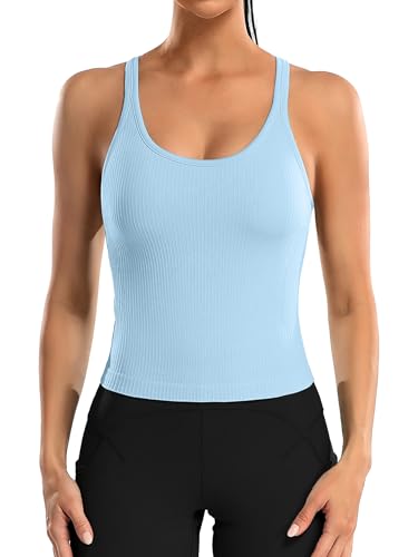 ATTRACO Women Ribbed Workout Crop Tops with Built in Bra Yoga Racerback Tank Top Tight Fit