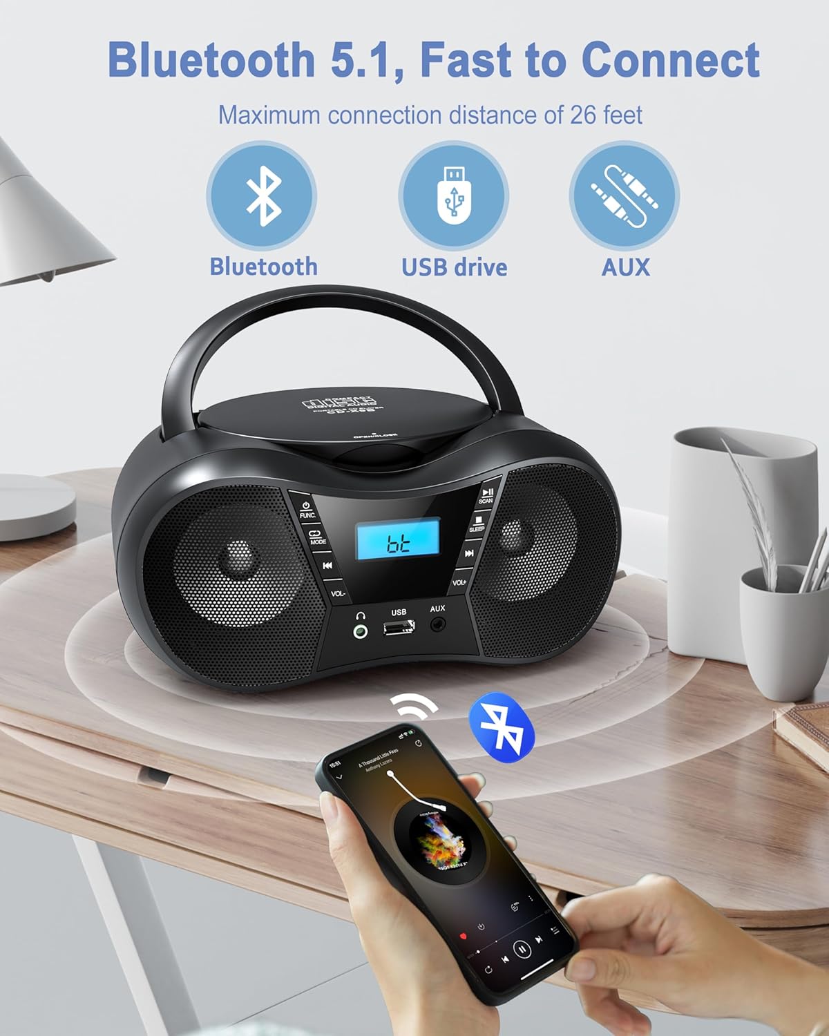 Portable CD Player Boombox with FM Radio,Bluetooth 5.1,Clear Sound,LCD Display,USB/AUX Input,AC/Battery Powered,CD/CD-R/CD-RW Compatible,3.5mm Headphone Jack,Sleep Timer for Home