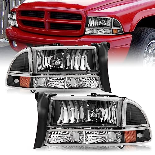 Headlight Assembly Set Fits for 1997-2004 Dakota / 1998-2003 Durango & Bumper Light 4 PCS Replacement OE Headlamp Black Housing with Clear Reflector