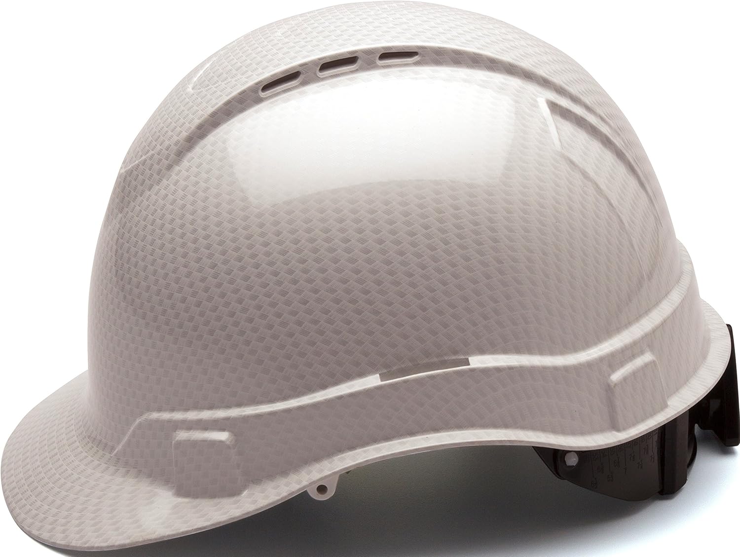 PYRAMEX Ridgeline Cap Style Hard Hat, Vented, 4-Point Ratchet Suspension, Shiny White Graphite Pattern