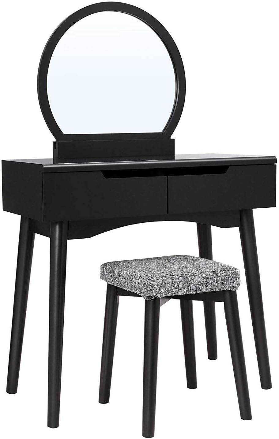 Luxury Dressing Vanity Table w/Stool for Bedroom, Mini Dressing Table with Round Mirror 2 Slide Rail Large Drawer with Stool for Cloakroom, Easy to Assemble Table