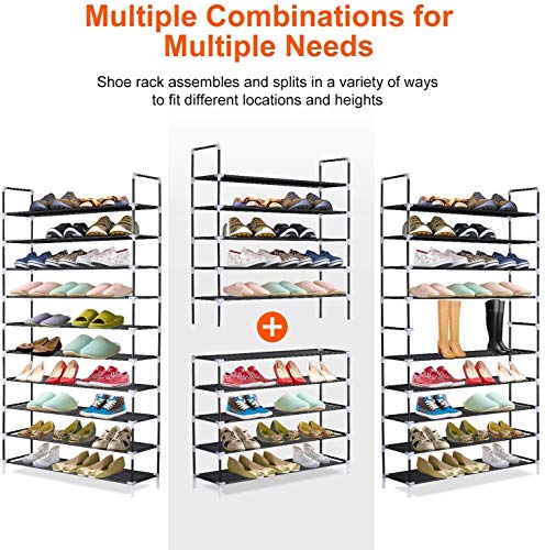 10 Tier Shoe Rack 50 Pair, Large Shoe Storage Organizer, Zapateras Organizer 50 Pares, Free Standing Shoe Racks for Closet, Show Rack, Space Saving Shoe Rack, Tall Shoe Shelves Black