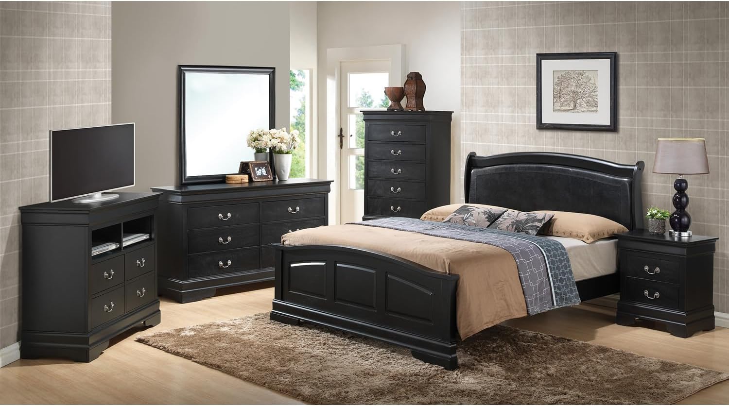 Indoor Home Decorative Modern Furniture Louis Philippe Black Upholstered Wood King Panel Bed