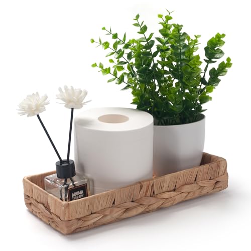 Woven Bathroom Vanity Tray for Storage Water Hyacinth Back of Toilet Basket Long Narrow Guest Towel Holder (Natural 16.3 x 6.1 x 2 inch)