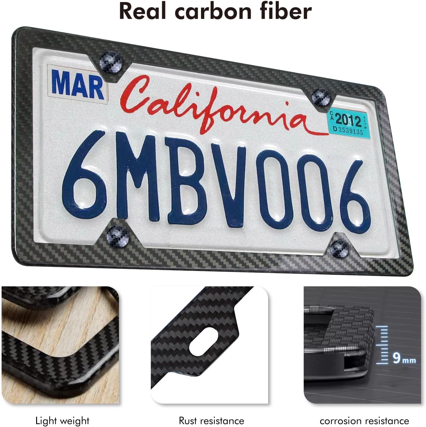 Carbon Fiber for License Plate Frame, Universal Front and Rear License Plate Number Frame for US License Plates, 4-Hole. (Real Carbon Fiber)