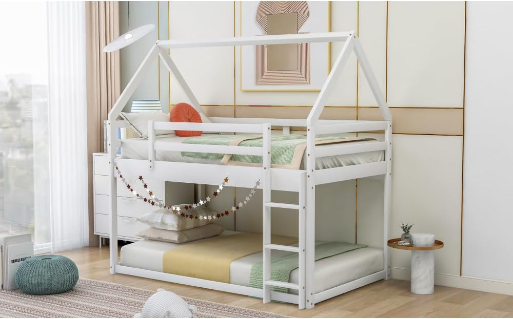 Twin Over Twin Low Bunk Bed, House Bed with Ladder, White 1-Numbers of Package Pine Wood+MDF 14pcs 77.3
