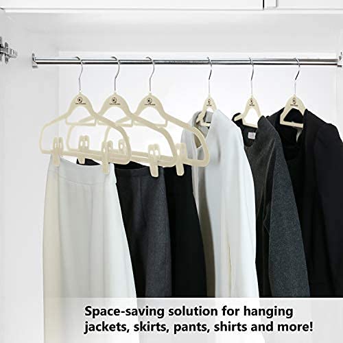 velvet hangers, ultra slim space saving, notches, tie bar, swivel hook,10 pack, with 20 matching velvet finger clips (black)