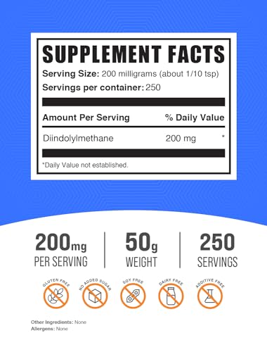 BulkSupplements.com DIM Powder - Diindolylmethane Powder, DIM Supplement for Men & Women - DIM 200mg, Gluten Free - 200mg per Serving, 50g (1.8 oz) (Pack of 1)