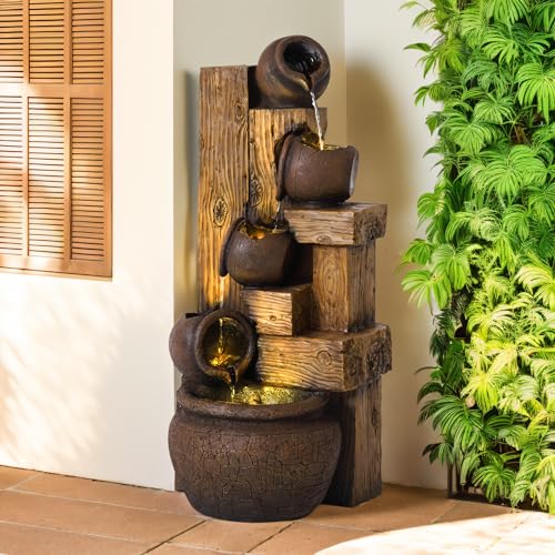 MAGIC UNION Outdoor Water Fountain Cascading Bowls and Stacked Stones LED 5 Tiers Modern Waterfall Fountain for for Gardens, Landscaping, Patios, Balconies, and Lawns (Gold)