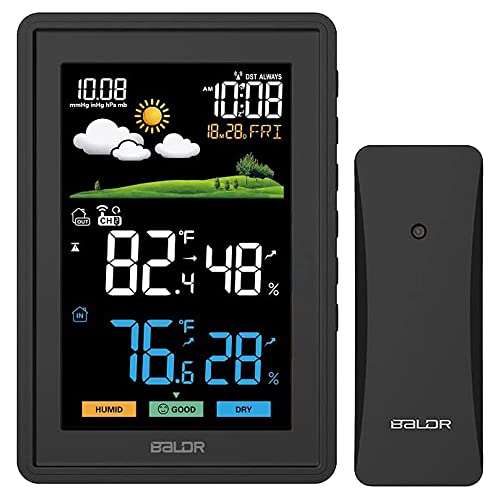 BALDR Home Wireless Indoor Outdoor Weather Station Thermometer - Color LCD Display Weather Forecast with Outdoor Sensor, Clock, Digital Calendar - Indoor Thermometer, Home Weather Station - Black