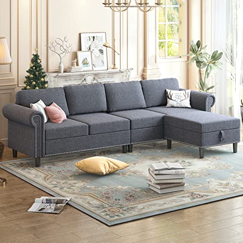 Mjkone 102 Inch Oversized L Shape Sofa Couch with Reversible Storage Ottoman, 4 Seat Sectional Sofa with Rivet Design, Convertible Modular Sofa for Living Room- Light Grey