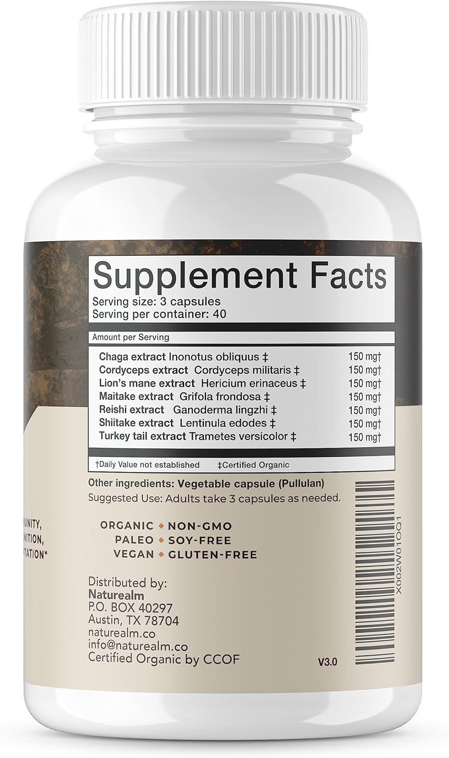 Naturealm - Sacred 7 Mushroom Extract Capsules - Lion’s Mane, Cordyceps, Reishi, Turkey Tail, Chaga, Maitake, and Shiitake - 100 Percent Fruiting Bodies, 120 Capsules