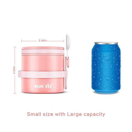 BLUE ELE Leakproof, Vacuum Insulated Thermos Hot Lunch Containers with Ceramic-Coated Stainless Steel, Easy Grip Lid, and Folding Spoon, 13.5oz, Carnation Pink