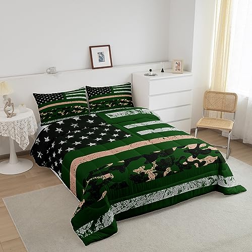 Vintage American Flag Bedding Military Camouflage Queen Comforter Sets Army Old Fashion Trend Retro Camo Style Bedding Comforter Sets, Geometry Stars Stripes Quilt with 2 Pillowcases - Grey
