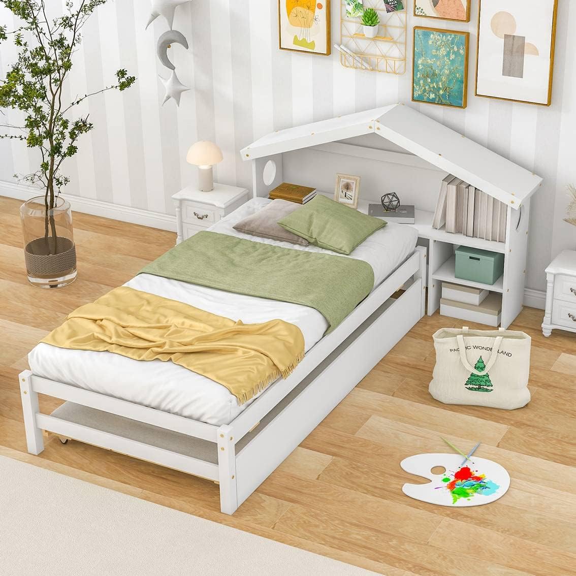 Twin Storage House Bed for Kids with Bedside Table Trundle White