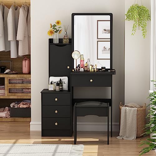 FAMAPY Makeup Vanity with Drawers, Vanity with Sliding Mirror, Vanity Desk with Storage Shelves, Cushion Stool, for Bedroom White and Grey