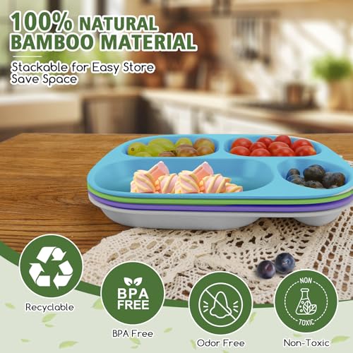 shopwithgreen Bamboo Divided Plates for Kids Adults - Dinnerware Set for Toddlers Kids Children Baby, Toddler Dinner Plates, BPA Free, Stackable, Dishwasher Safe, 9.4 inch, Set of 4