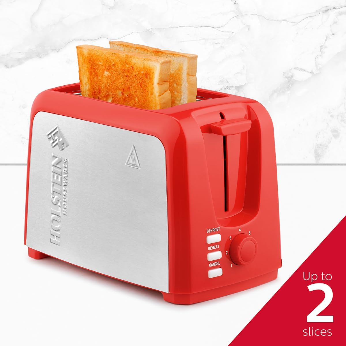 Holstein Housewares - 2-Slice Toaster with 7 Browning Control Settings, Red/Stainless Steel - Great to Toast Bread, Bagels and Waffles