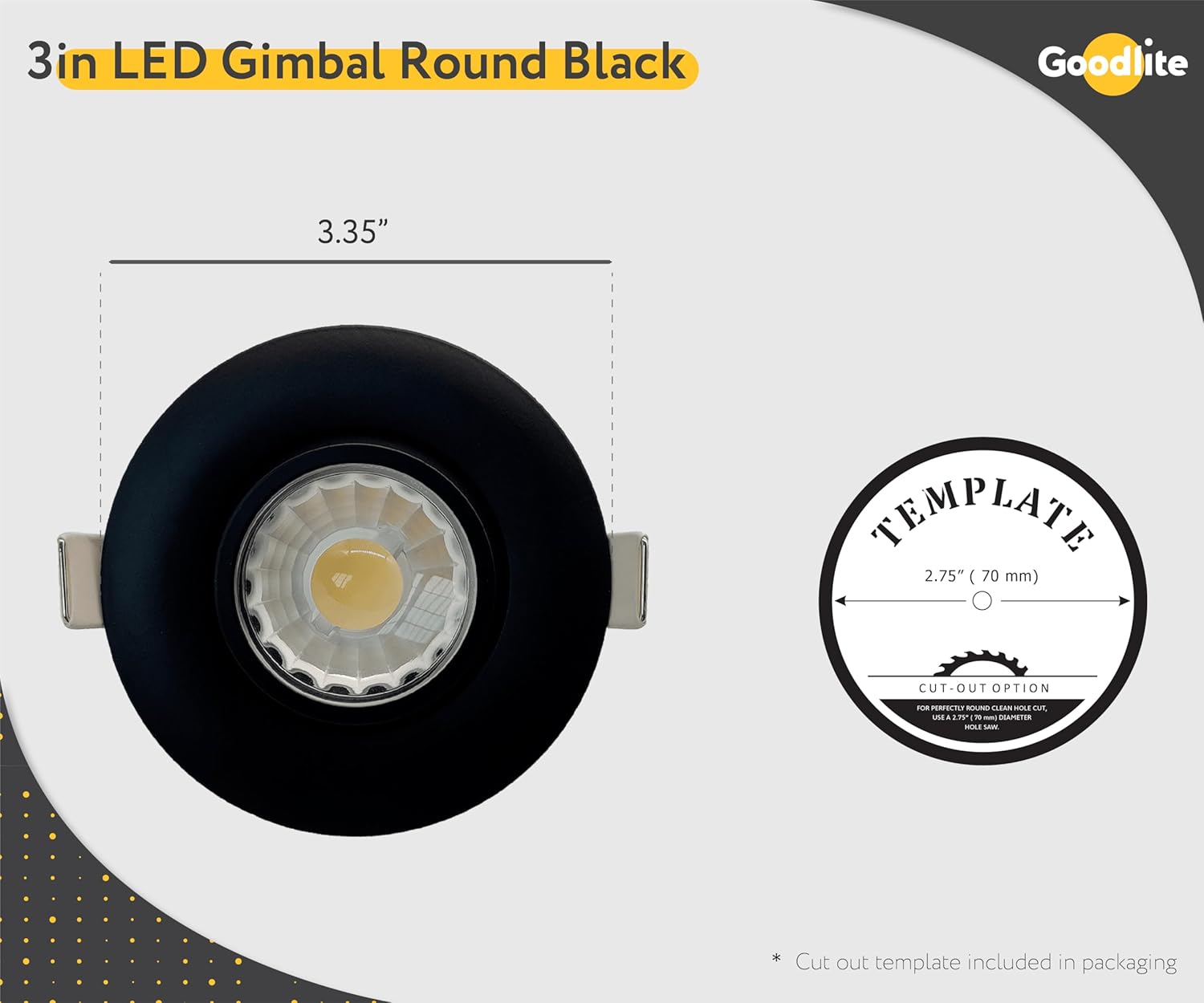 Goodlite G-19846 3 Inch Led Round Black Gimbal Luminaire, 8W 650 Lumens, Selectable Color 2700K, 3000K, 3500K, 4100K, 5000K