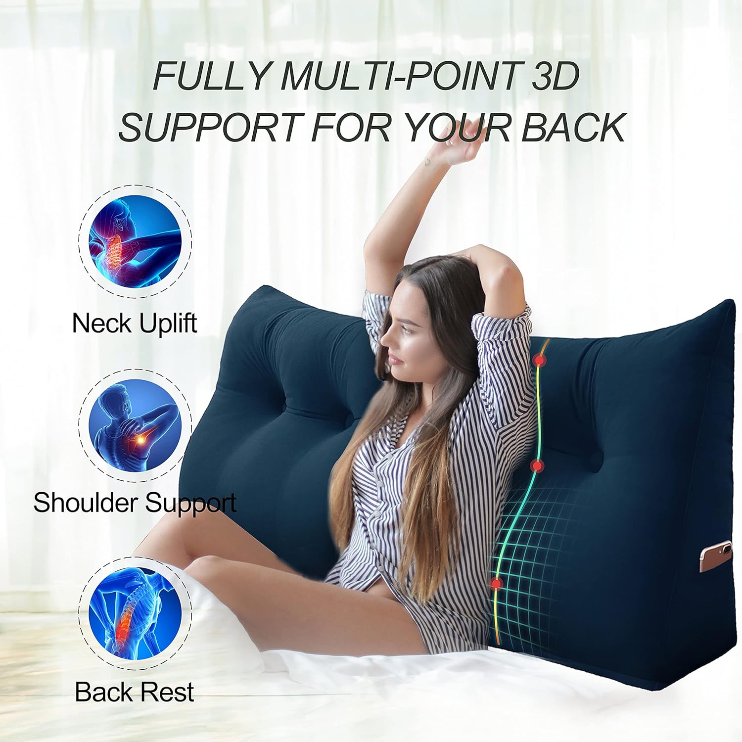 Roner Ergonomics Headboard Reading Pillow Back Support for Sitting Up in Bed Large Adult Backrest Wedge Lounge Cushion Body Positioning Bedrest Velvet Deep Blue Full