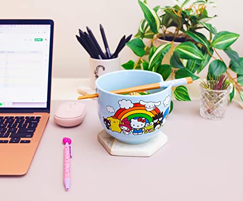 Toynk Sanrio Hello Kitty and Friends Rainbow Ceramic Dinnerware Set | Includes 20-Ounce Ramen Noodle Bowl and Wooden Chopsticks
