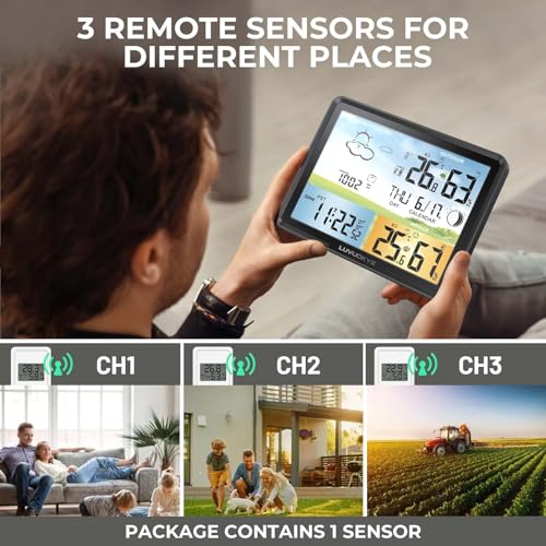 Weather Station Wireless Indoor Outdoor Thermometer, Color Display Digital Thermometer Humidity Monitor with Atomic Clock, Forecast Station with Calendar and Adjustable Backlight for Home