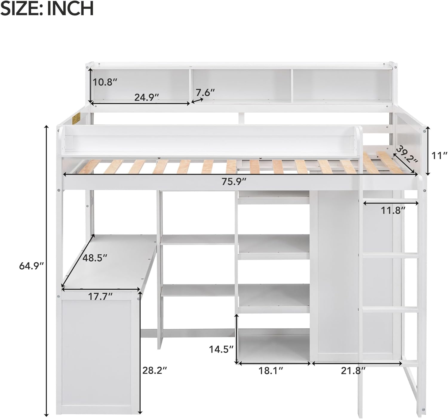 Wood Twin Size Loft bed with Multiple Storage Shelves and Wardrobe, White