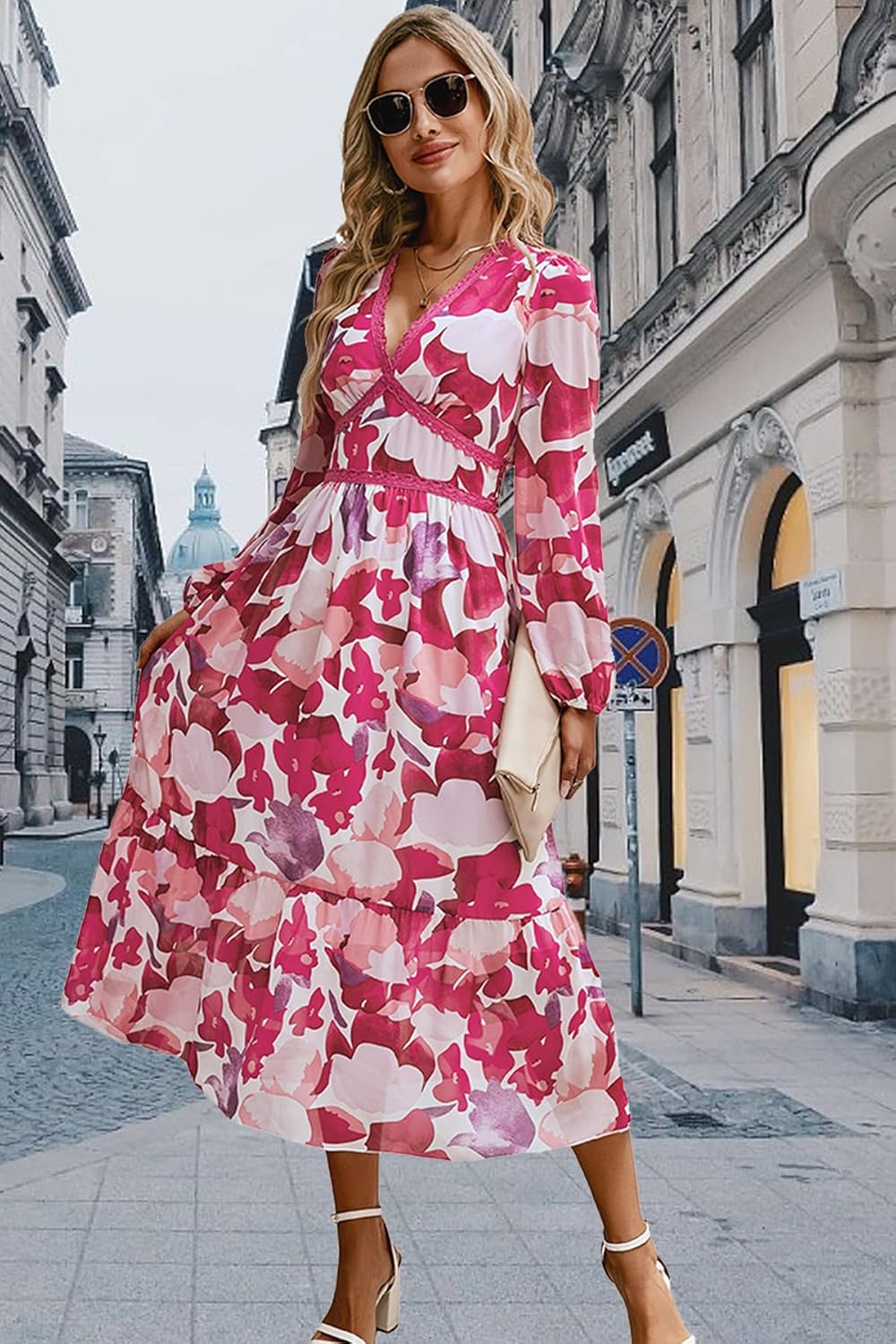 Women's V Neck Long Sleeve Wrap Maxi Dress A Line Empire Waist Fall Wedding Guest Party Casual Chiffon Dress Rose L