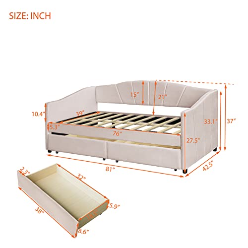 TRIPLE TREE Daybed with Two Storage Drawers, Upholstered Twin Size Daybed Bed Frame with Wood Slat Support, Living Room Bedroom Dual-use Sofa Bed for Teens Adults, Gray