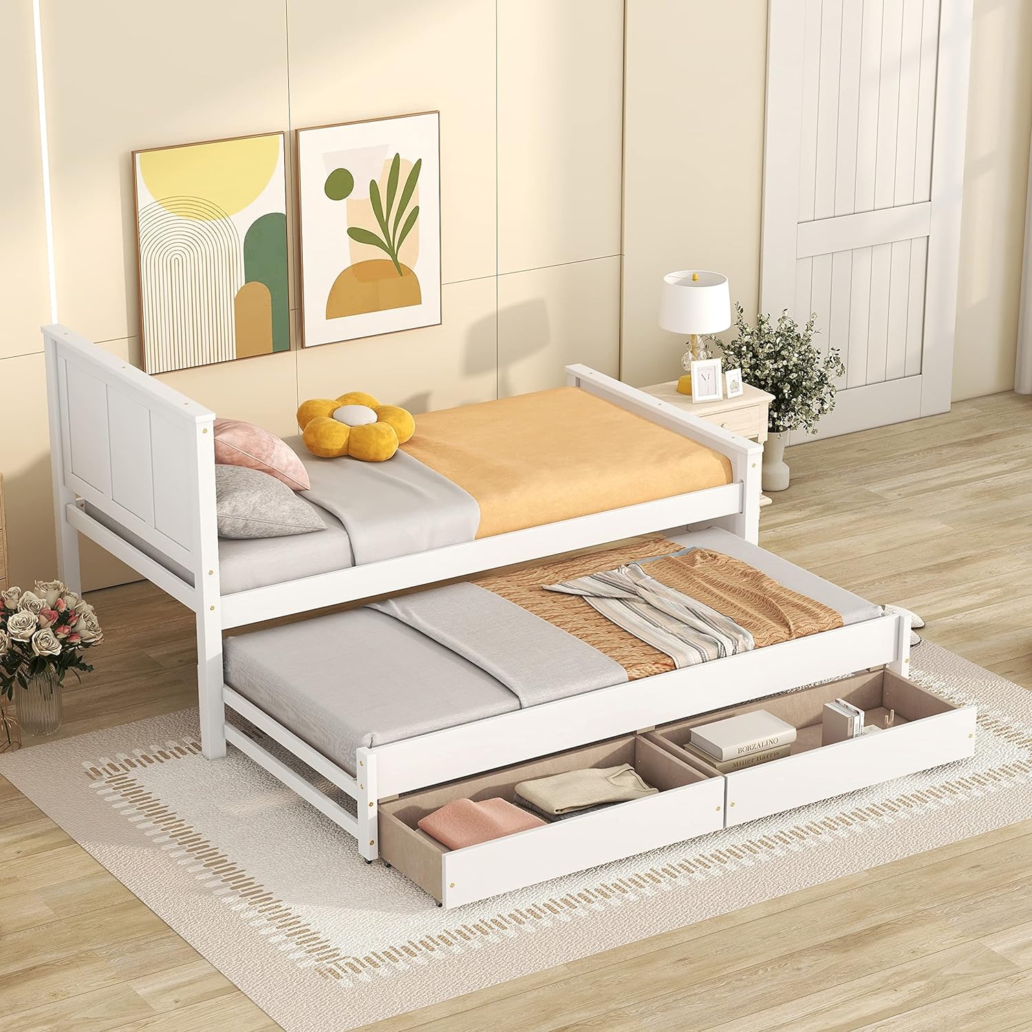 Twin Size Platform Bed with Trundle and 2 Storage Drawers, Wooden Platform Bed Frame Storage Bed with Headboard for Kids Teens Adults Bedroom, No Box Spring Needed, White