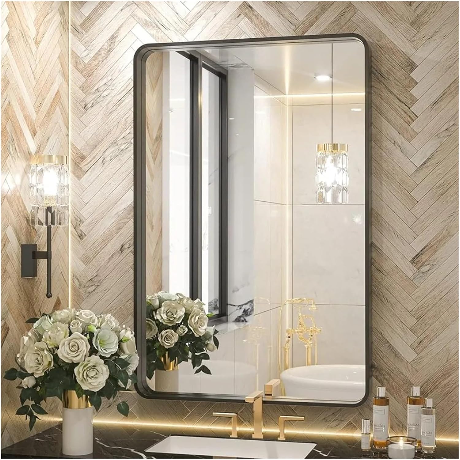 Black Framed Bathroom Mirror 24x36 Inch Matte Metal Frame Farmhouse Wall Mounted Rectangle Mirror,Decor Mirror