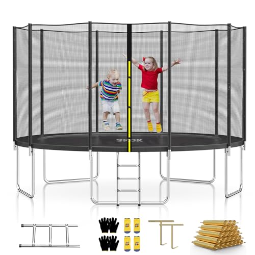 SKOK 8FT 10FT 12FT 14FT 15FT Trampoline with Safety Enclosure, Recreational Trampoline Outdoor for Kids with Ladder, ASTM Approved, with Spring Pad & Jumping Mat, AntiRust Coating, Heavy Duty, 400LBS