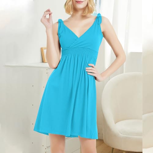 Women's Summer Dresses Flowy Smocked Mini Tank Dress Sleeveless Wrap V Neck Tie Shoulder Short Boho Beach Sundresses