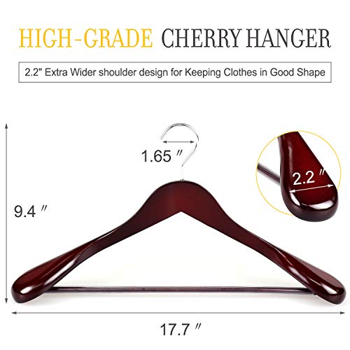 TOPIA HANGER Set of 6 Luxury Mahogany Wooden Coat Hangers, Premium Wood Suit hangers, Glossy Finish with Extra-Wide Shoulder, Thicker Chrome Hooks & Anti-slip Bar CT02M