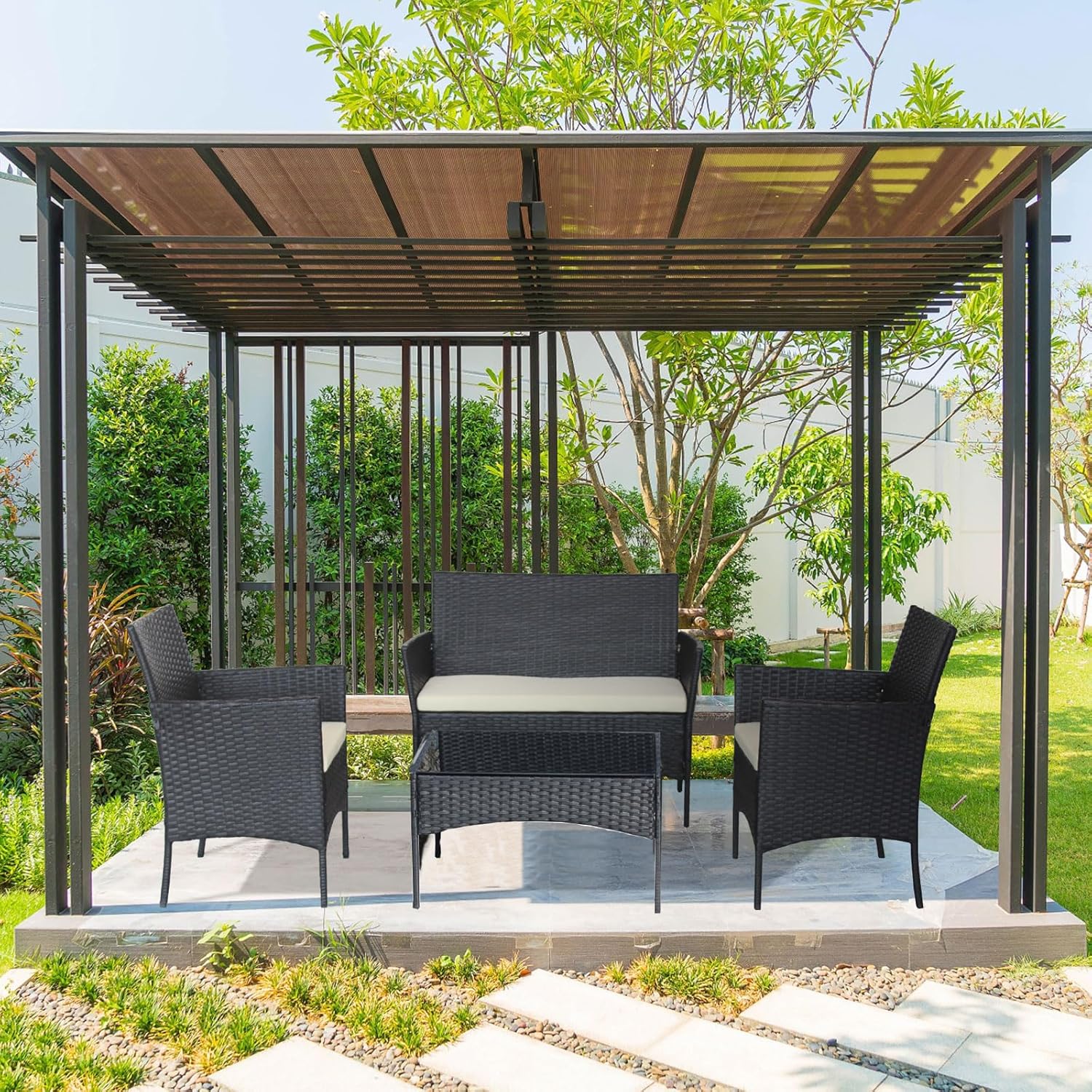 NEWQIDA 4 Pcs Rattan Patio Sofa Furniture Set Conversation Sets Outdoor Wicker Rattan Chairs Patio Cushioned Seat Wicker with Soft Cushion and Glass Table (Beige Cushion), Black