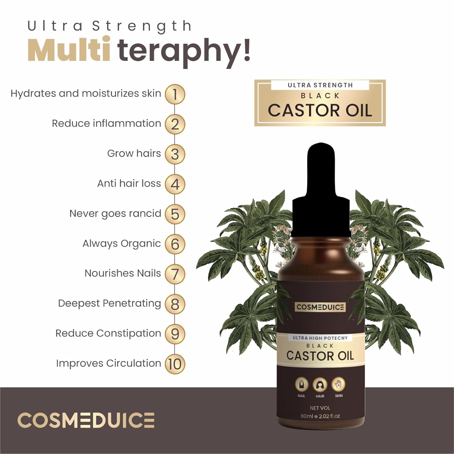 Jamaican Black Castor Oil for Hair Growth - Black Castor Oil Organic - Jamaican Black Castor Oil - Cold pressed Pure, Hexane Free in a Glass Bottle , Hair Growth, Eyebrow Care, Skin Care, 60ML