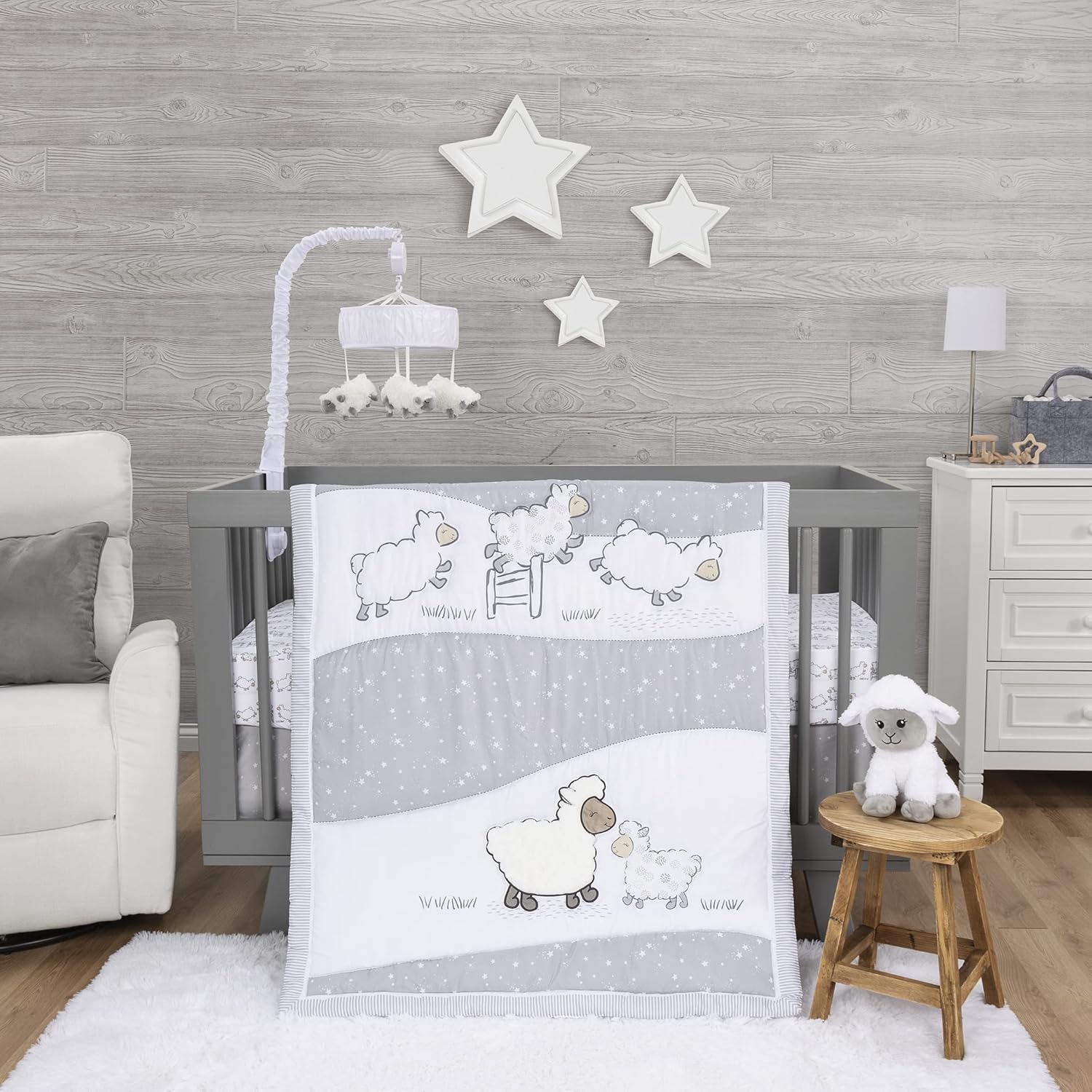 Sammy & Lou Sleepy Sheep 4-Piece Baby Crib Bedding Set, Includes Quilt, Fitted Crib Sheets Neutral, Crib Skirt, and Plush Toy
