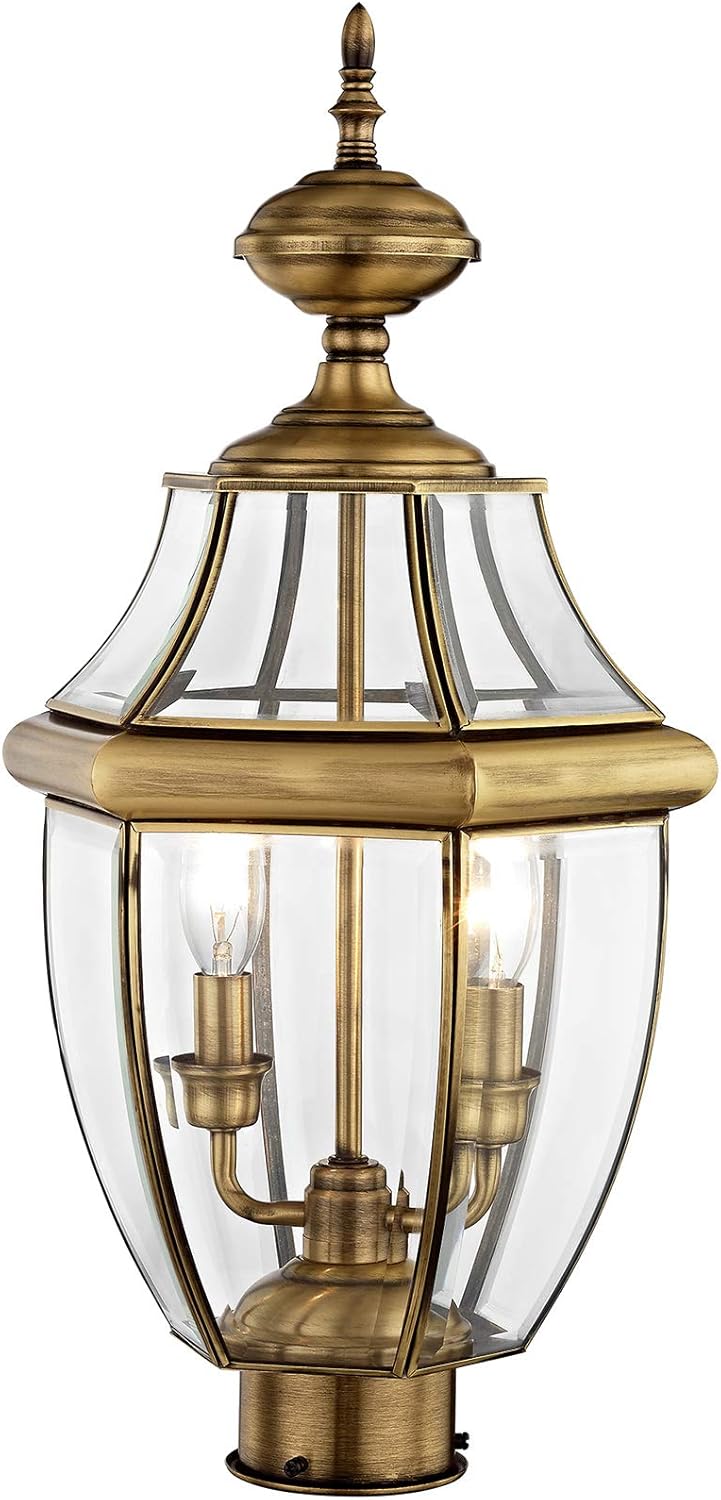 Livex Lighting 2254-01 Monterey 2 Light Outdoor Antique Brass Finish Solid Brass Post Head with Clear Beveled Glass