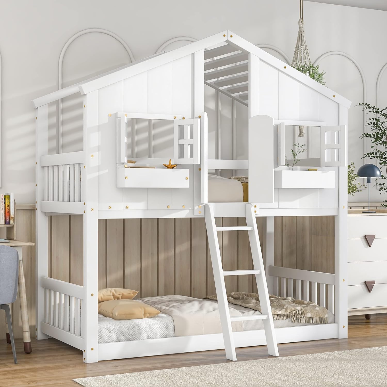 Wooden House Bunk Bed, Twin Over Twin House Bed with Roof, Window, Window Box, Door, Safety Guardrails and Ladder for Kids, Boys and Girls, Easy Assembly, White