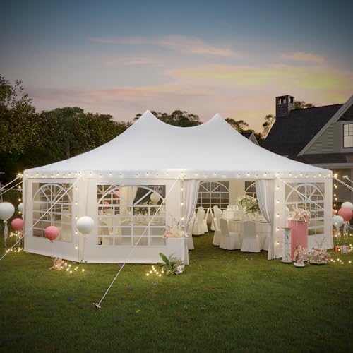 EROMMY 29x23ft Party Tent, White Wedding Tent, Dodecagonal Heavy Duty Canopy with Removable Sidewalls, 10 Church Windows and 2 Pull-Back Doors, Outdoor Gazebo Pavilion Shelter Tent for Party, Event