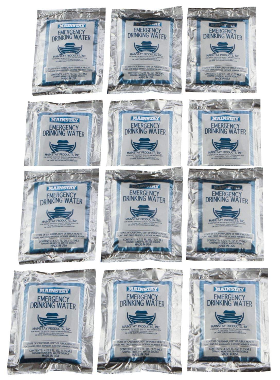 Mainstay Emergency Water Pouch for Disaster or Survival, 6 Day Ration, 12 packs, 4.225 fl oz (125 ml) Each