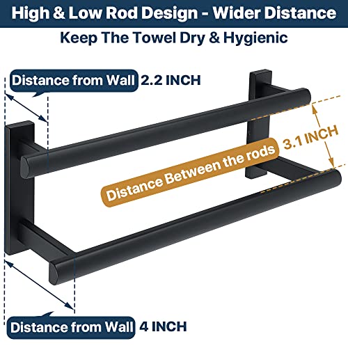 SAYAYO Towel Rack for Bathroom, 16 Inch Matte Black Double Towel Bar Towel Holder Wall Mount, SUS304 Stainless Steel