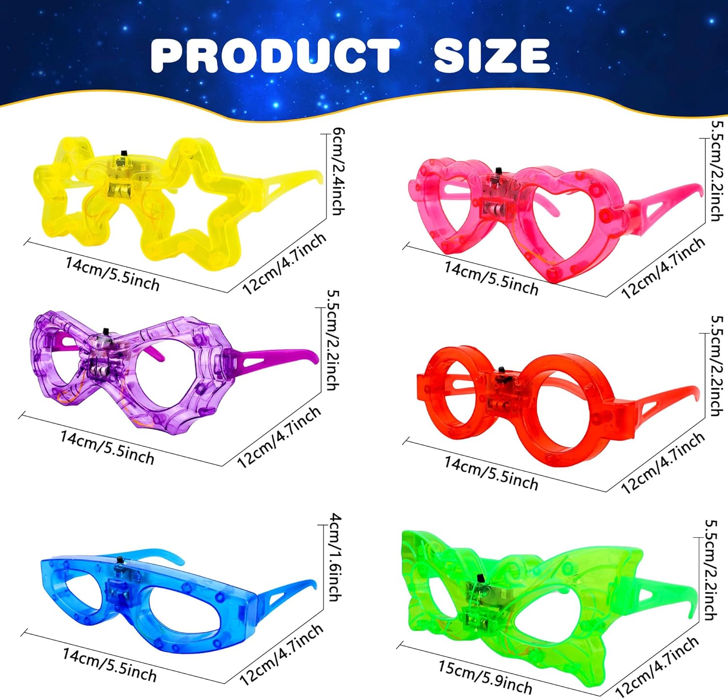 30 Pack LED Light Up Glasses Neon Colors Glow in The Dark Glasses Glow Glasses Bulk for Kids Birthday Gift Party Supplies Favor, 6 Styles
